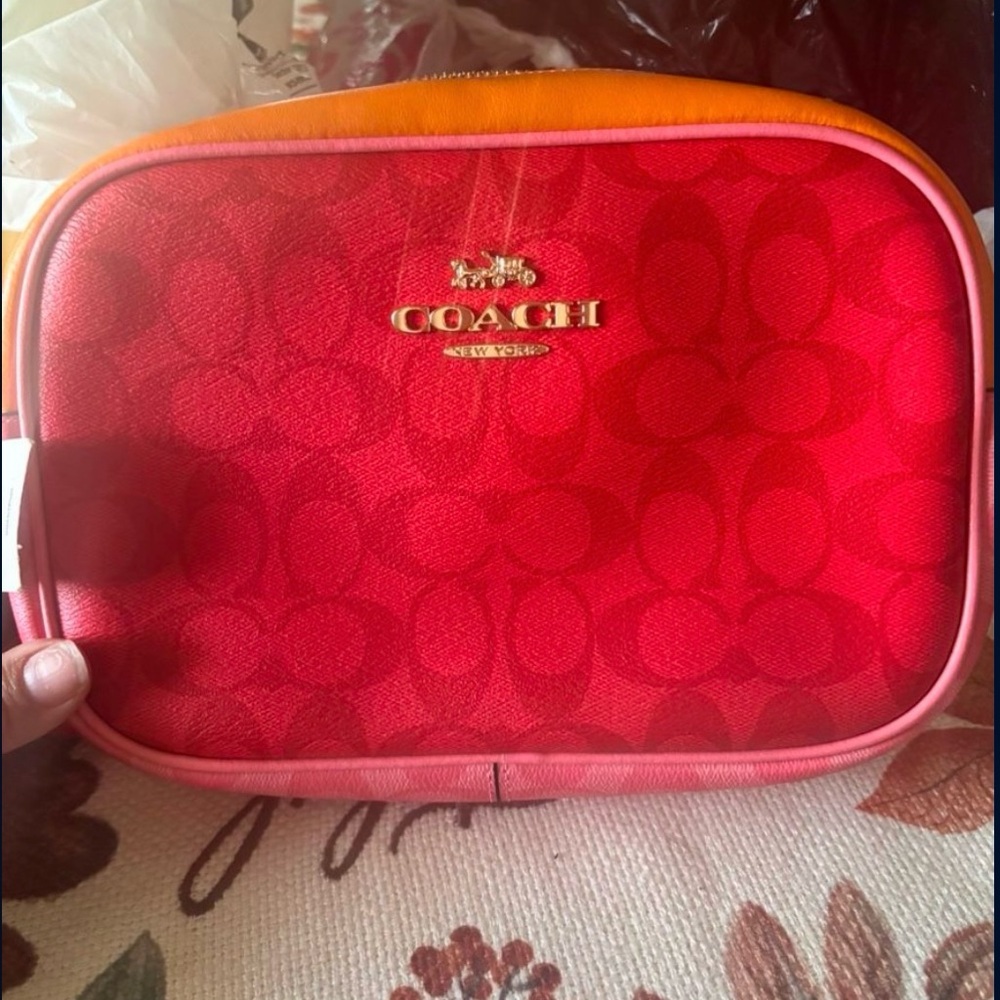 Coach Red and Orange Cosmetic Bag with Signature Monogram - Picture 1 of 3